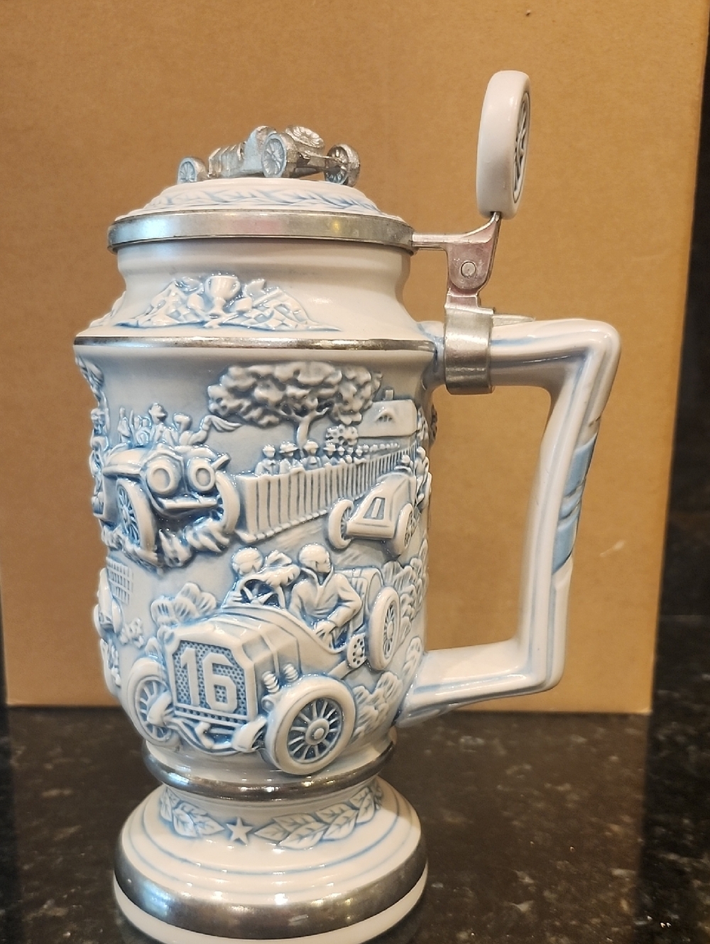 Avon White and Blue Racing Car Ceramic Stein
